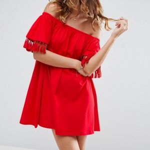✂️ASOS Off Shoulder Tassel Mini Dress Red Size 6